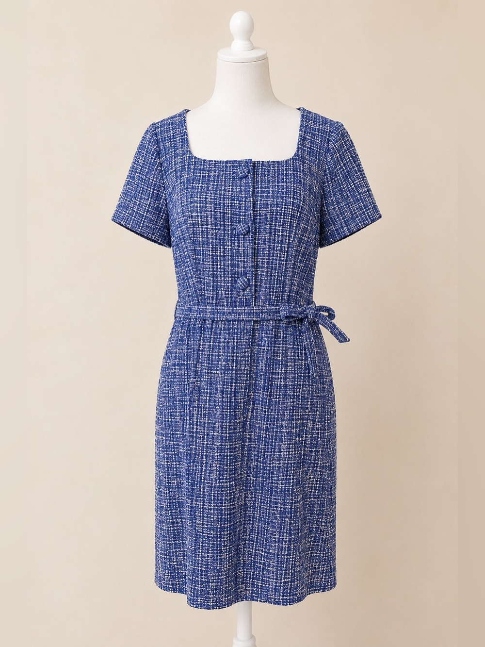 Talbots • NWT Tweed Belted Sheath Dress • Blue White • Size 12P